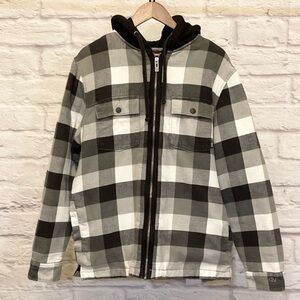 Vans Large Mens Plaid Hooded Jacket Full Zip Quilted Lined Pockets Black Gray